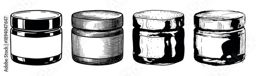 Four different hand-drawn black and white jars with lids are depicted in a distinct illustrative sketch style, showcasing various textures and artistic techniques