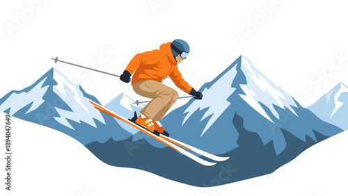 Dynamic winter skiing adventure in snowy mountain landscape
