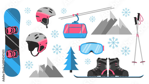Winter sports gear collection: snowboarding essentials in flat design style