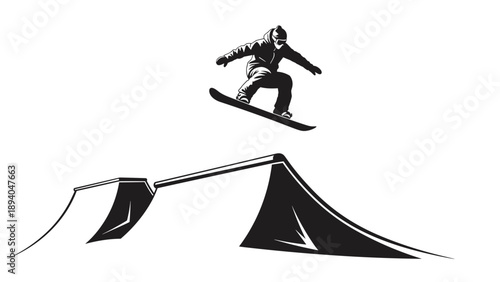 Snowboarder performing aerial jump over halfpipe in black silhouette art