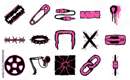 Grungy Punk Rock Aesthetic Hand Drawn Asset Sheet for Alternative Music Branding and DIY Zine Design