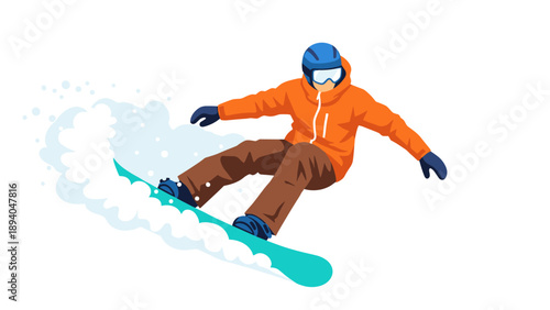 Dynamic snowboarder in action with colorful gear and snow splash