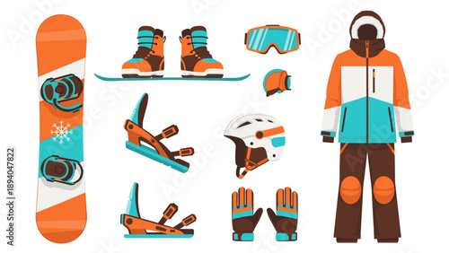Winter sports gear collection: snowboard, snow boots, and protective equipment on white background