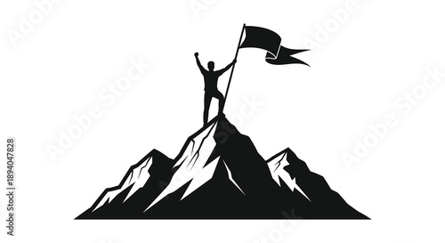 A triumphant figure stands atop a jagged mountain peak raising a dark flag in a victorious pose silhouette high quality