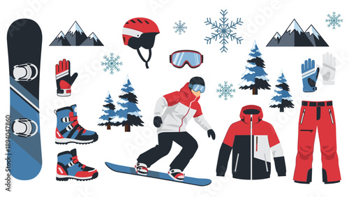 Winter sports gear and snowboarding elements in flat design