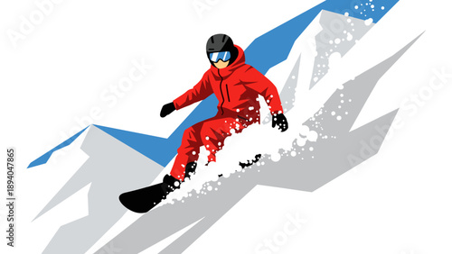 Snowboarder in action on mountain slope in vibrant flat design