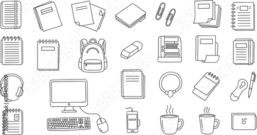 School and Office Supplies Icon Set with Stationery, Backpack, Computer, Headphones, Documents, and Daily Workspace Essentials for Education and Business Design