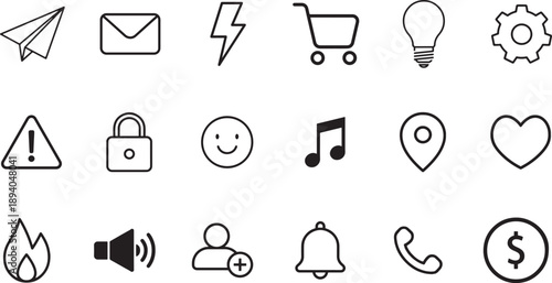 Essential Black And White UI Icon Set – Minimalist Symbols for Apps, Web, and Interfaces