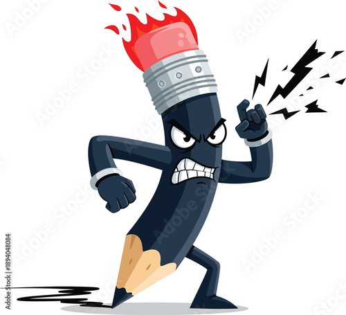 Angry pencil character with flame on head isolated on transparent background