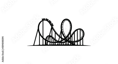 A detailed black and white illustration depicts a complex rollercoaster structure against a stark white background creating a striking silhouette
