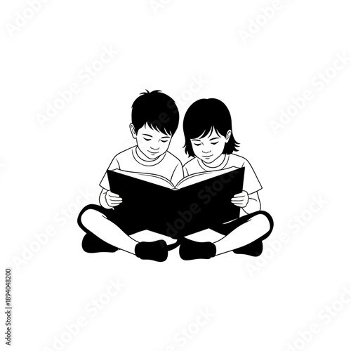 Two children reading a book together, sitting cross-legged, black and white illustration