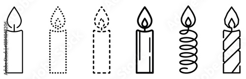 Set of six black candle icons with burning flames presented in various minimalist line art styles including solid, dotted, dashed, spiral, and twisted designs
