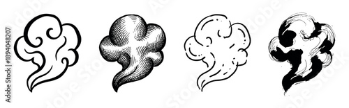 Set of four hand-drawn smoke clouds in various artistic styles including engraving, calligraphy, cartoon doodle, and ink brush stroke for a versatile design element collection