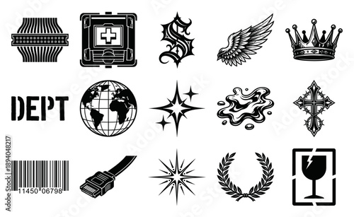 Neo-Tribal Cyberpunk Graphics Element Kit for Streetwear Apparel and Y2K Brutalist Graphic Design