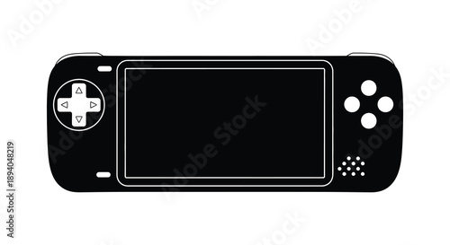 A sleek black handheld gaming console is displayed in a minimalist style showcasing its controls and screen as a silhouette