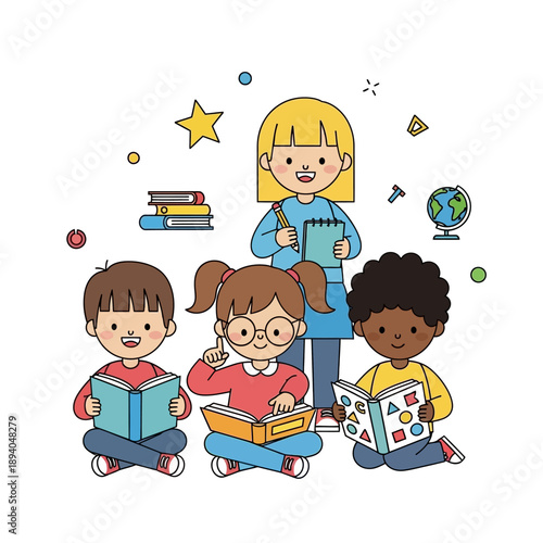 Diverse children reading books in a classroom, teacher supervising, learning concept