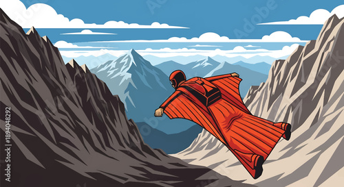 Young man wingsuit flying between mountain peaks, modern vector illustration symbolizing speed, freedom, fearlessness, and extreme aerial adventure