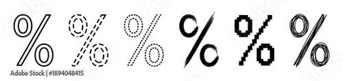 Set of six black percent sign icons in various artistic styles including outline, dashed, dotted, brush stroke, pixelated, and hand-drawn scribble for graphic design