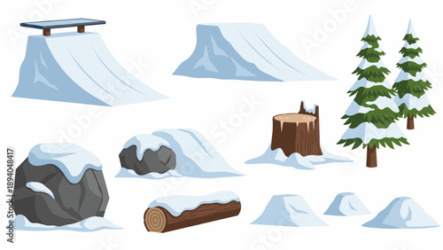 Winter ski park elements with snowy ramps and pine trees for outdoor sports design