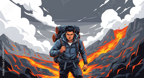 Young man trekking through volcanic terrain with lava and smoke, modern vector illustration showing danger awareness, survival skills, and extreme adventure