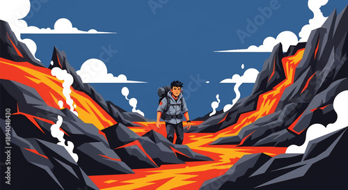 Young man trekking through volcanic terrain with lava and smoke, modern vector illustration showing danger awareness, survival skills, and extreme adventure