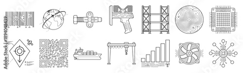 Technical Line Art Logistics and Global Supply Chain Element Kit for Industrial Automation