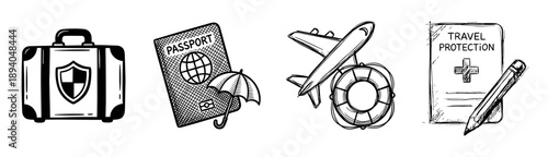 Set of four hand-drawn travel insurance icons including a suitcase with a shield, a passport, an airplane, and a policy document, illustrating safety and protection concepts
