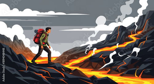 Young man trekking through volcanic terrain with lava and smoke, modern vector illustration showing danger awareness, survival skills, and extreme adventure