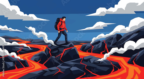 Young man trekking through volcanic terrain with lava and smoke, modern vector illustration showing danger awareness, survival skills, and extreme adventure