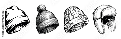 Four hand-drawn winter hats in a collection featuring beanies, a pompom cap, and an earflap hat, all created in a black and white sketchy illustration style