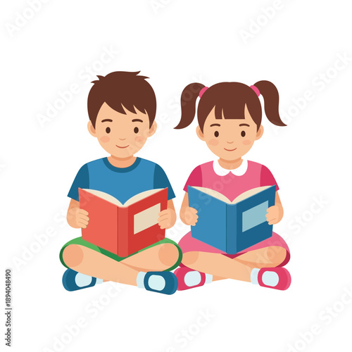 Happy children reading books, boy and girl sitting on floor, education concept