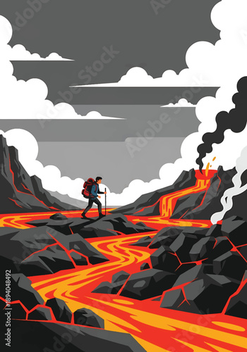 Young man trekking through volcanic terrain with lava and smoke, modern vector illustration showing danger awareness, survival skills, and extreme adventure