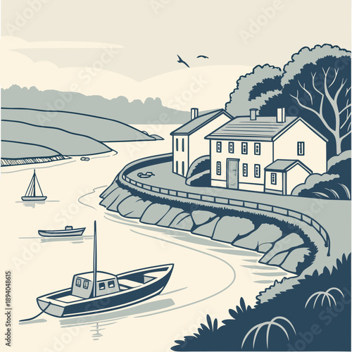 Riverbank Village Landscape: Boats, Water, Rural Life Illustration