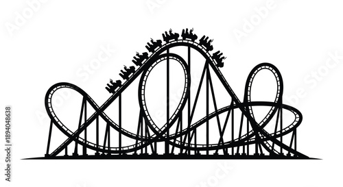 A detailed illustration depicts a thrilling roller coaster with looping tracks and ascending hills presented as a silhouette high quality