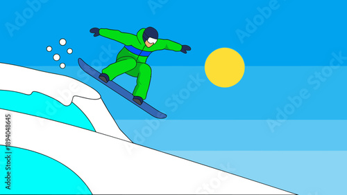 Colorful snowboarder in mid-air against clear blue sky