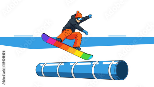 Colorful snowboarder doing a trick on a pipe in winter sports scene