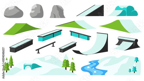 Winter park elements: snowy mountains and ramps for snowboarding and skiing adventures