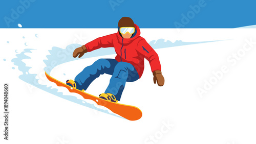 Snowboarder wearing red jacket carves through snow in minimalist style