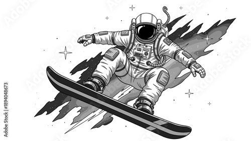 Astronaut snowboarding adventure in space with comic style art