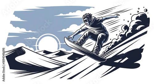 Young man sandboarding down steep desert dunes, modern vector illustration highlighting speed, balance, and high energy extreme adventure sport