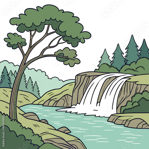 Serene waterfall and river vector landscape, clean nature scene