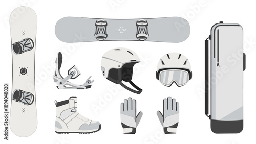 Essential snowboarding gear collection in minimalist style for winter adventures