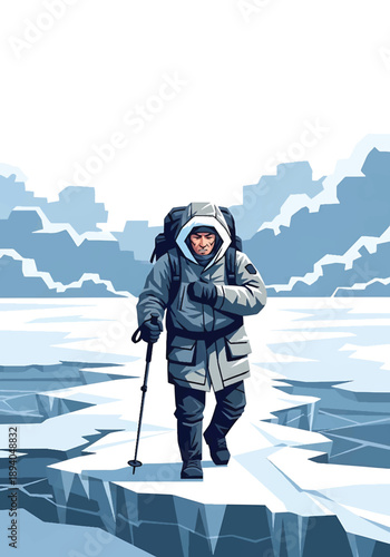 Young man walking alone across frozen polar terrain, modern vector illustration symbolizing isolation, mental strength, and extreme survival exploration