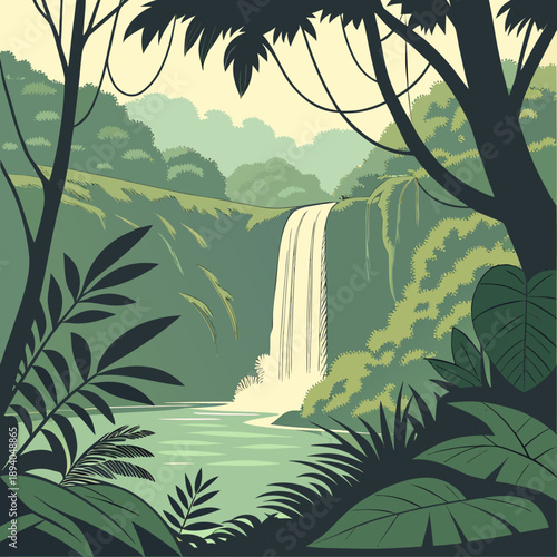 Lush tropical jungle waterfall landscape, exotic nature scene