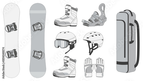 Winter sports gear collection: snowboards, boots, helmets, and more for your ski adventures