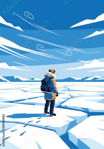 Young man walking alone across frozen polar terrain, modern vector illustration symbolizing isolation, mental strength, and extreme survival exploration