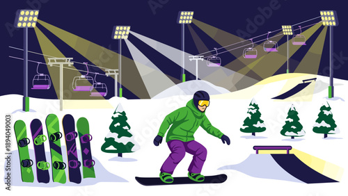 Snowboarder at night in illuminated winter resort with ski lift and snow-covered trees