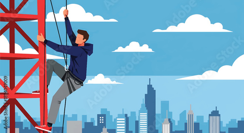 Young man climbing a tall steel structure above city streets, modern vector illustration representing fearless urban exploration and extreme height challenge
