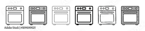 Set of six kitchen oven icons in various line art styles including simple, hatched, dotted, bold, sketchy, and patterned, representing a collection of graphic elements