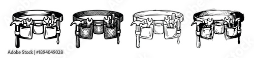Four hand-drawn tool belts filled with various construction tools like a hammer, wrench, and screwdriver, presented as a set of black and white ink sketch illustrations